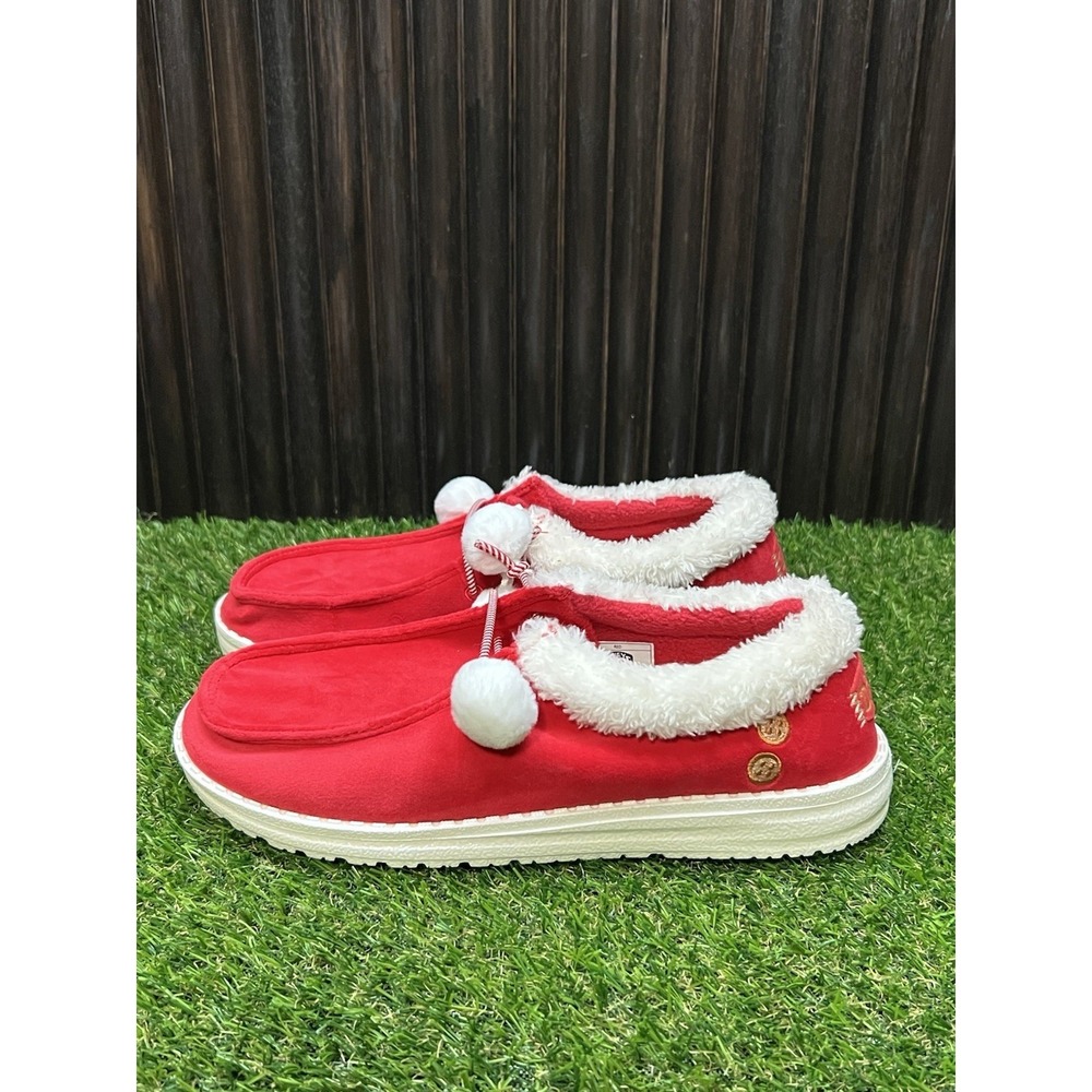 Size 7 - Hey Dude Wendy Mrs Claus Red Christmas Shoes Faux Fur Pom Pom Womens